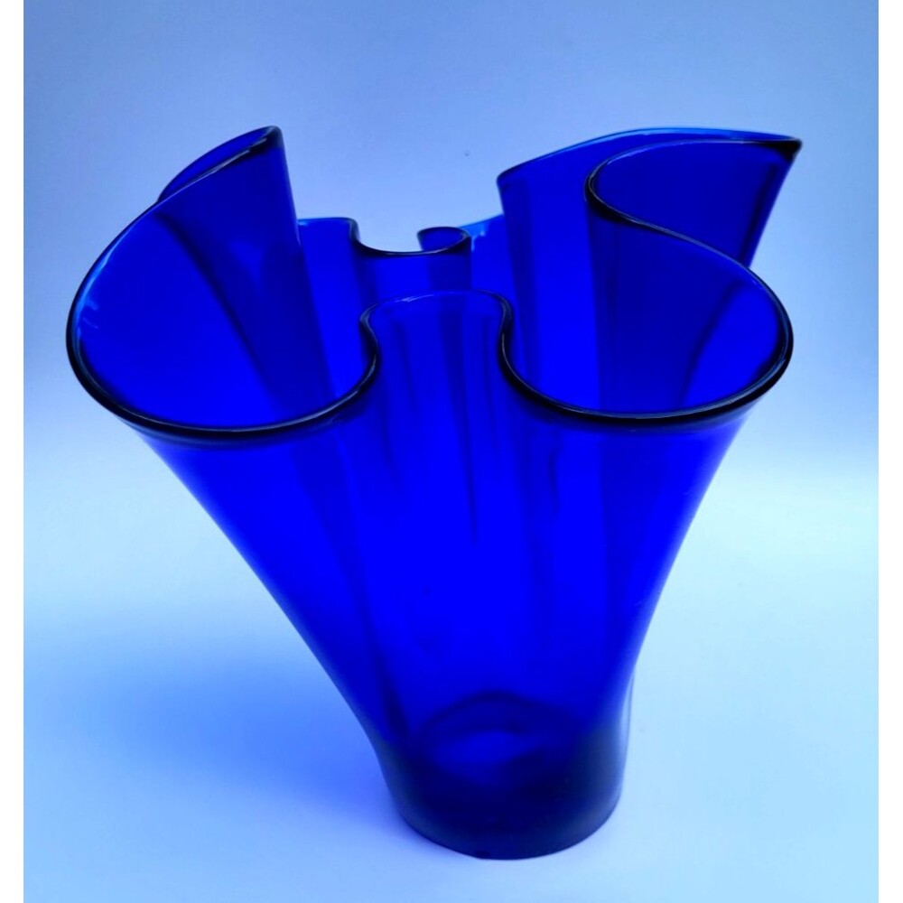 MCM Vintage Large 8" Hand Blown Ruffled Handkerchief Art Glass Vase Cobalt Blue